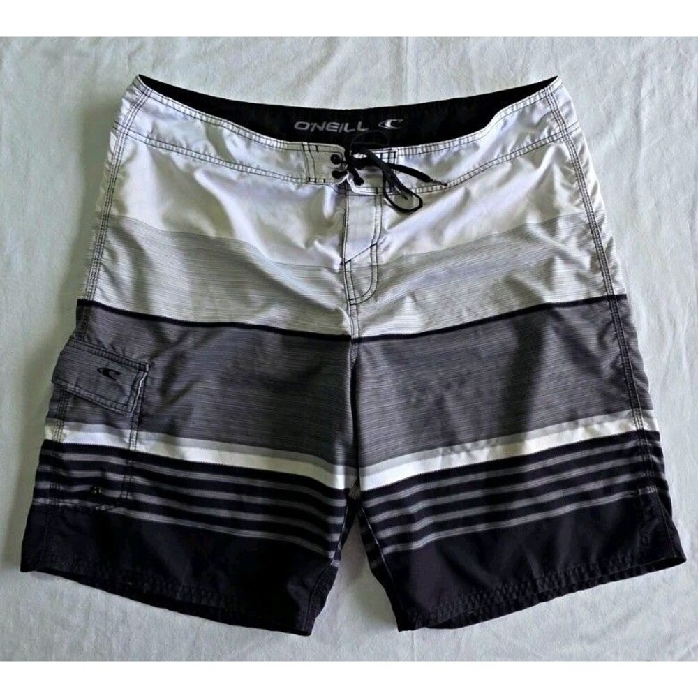 O'Neill Men's Board Shorts Size 40 White Gray Black Striped Drawstring